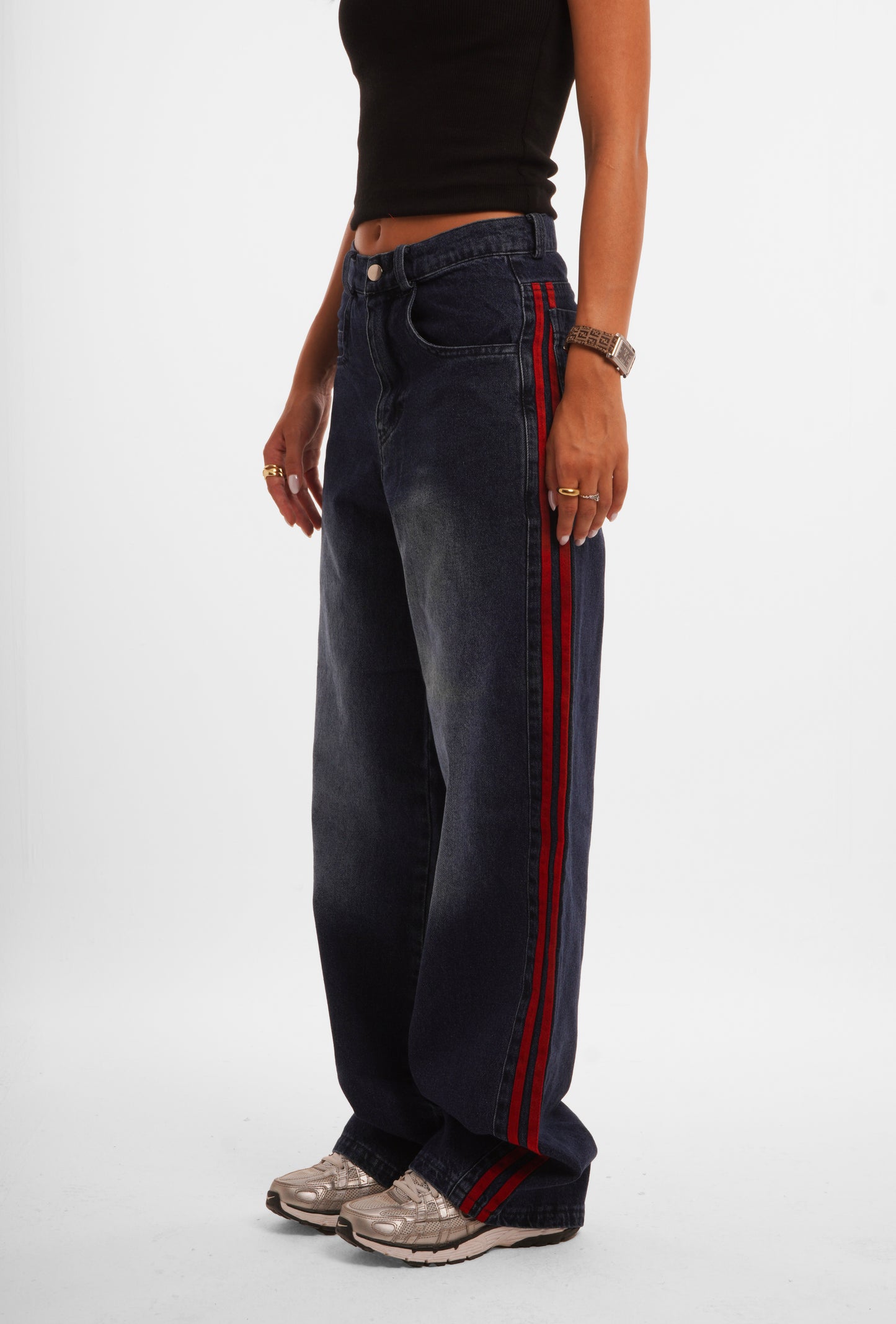 Red Barred Denim Pants