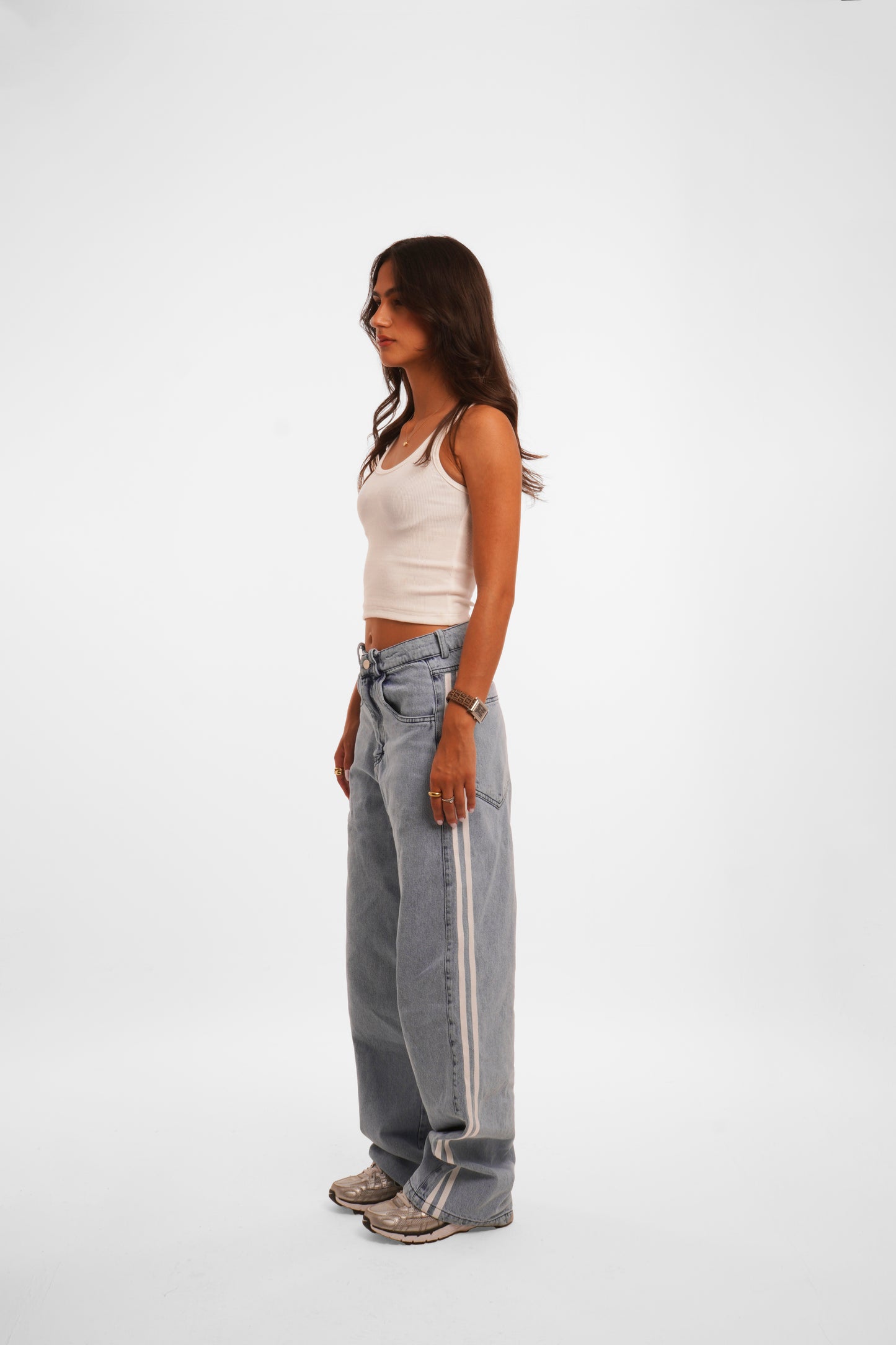 White Barred Denim Pants